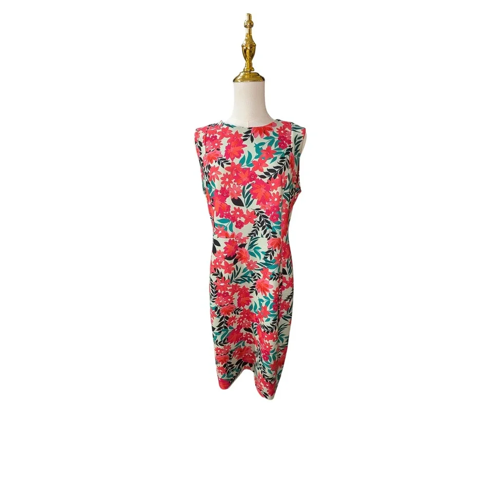 Calvin Klein Floral Sleeveless Sheath Dress Pink Teal Mint Gold Zip Size 12